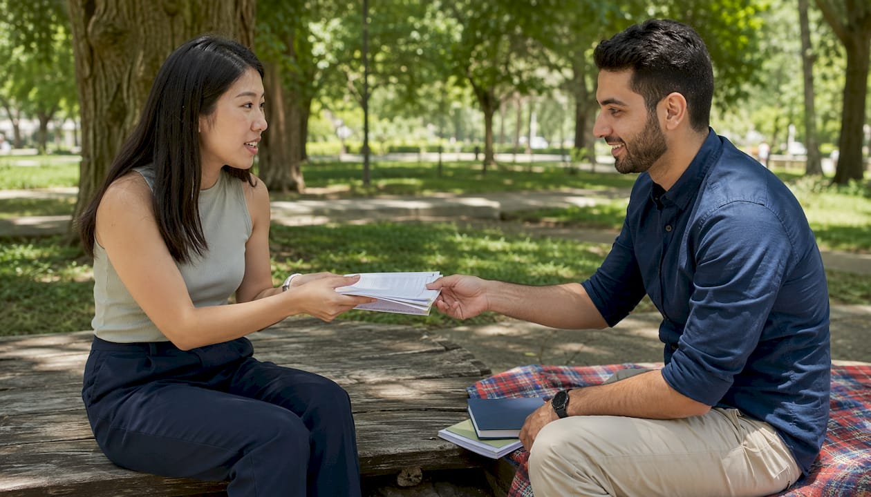 Hands exchanging income documents for mortgage