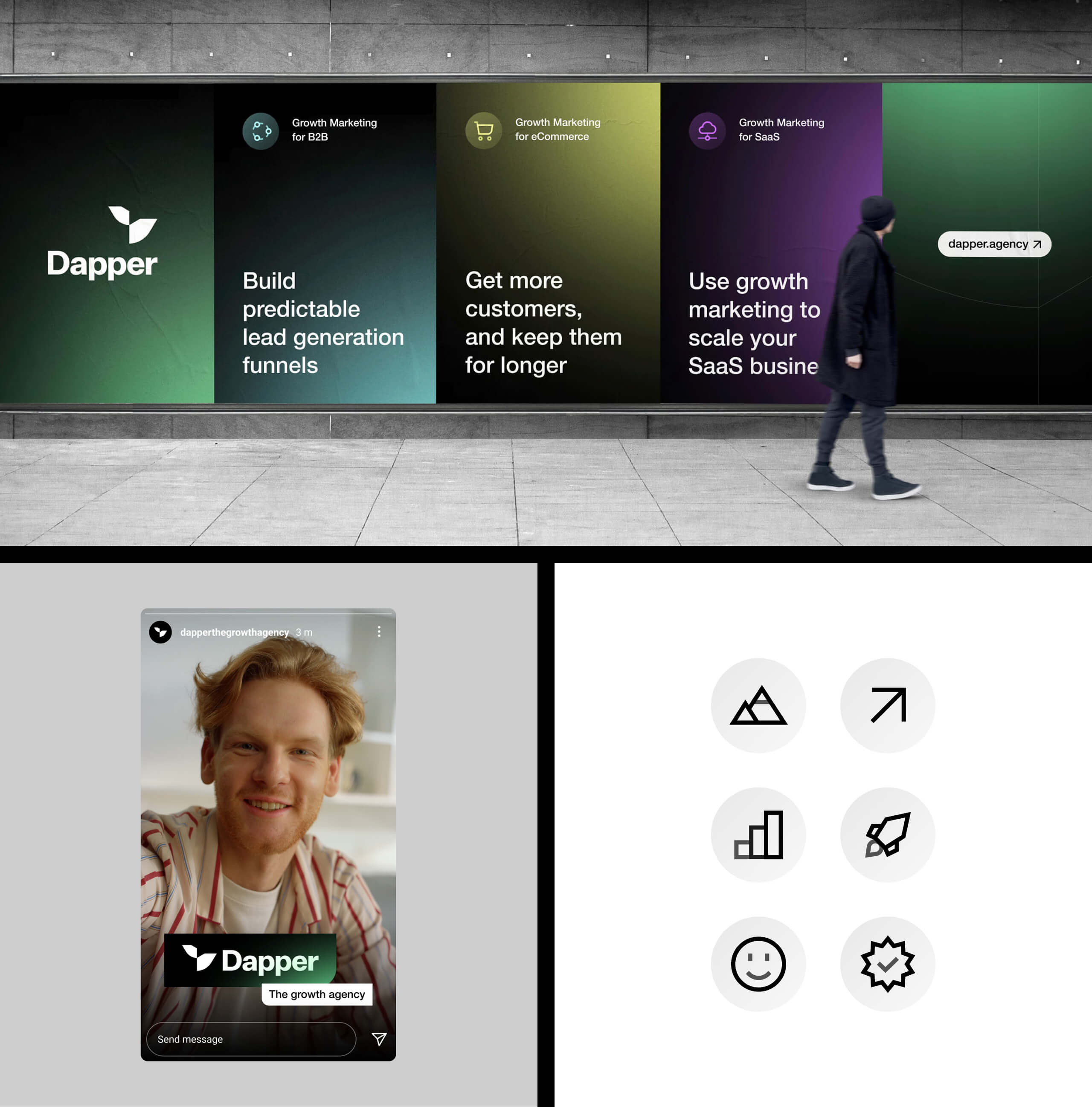More visual impressions of the work for Dapper - including posters, social media formats, and custom icons.