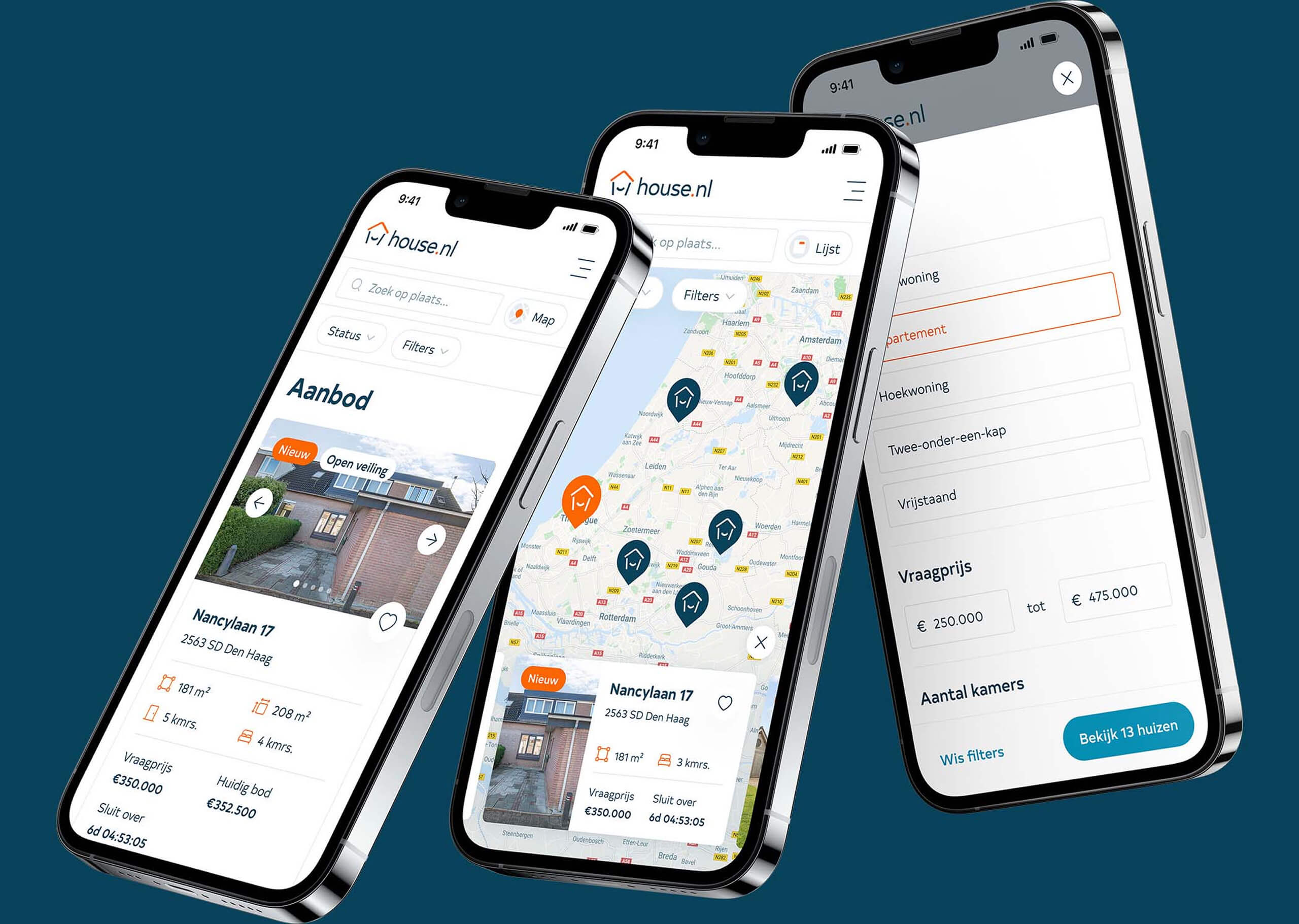 Three mobile views of the website.