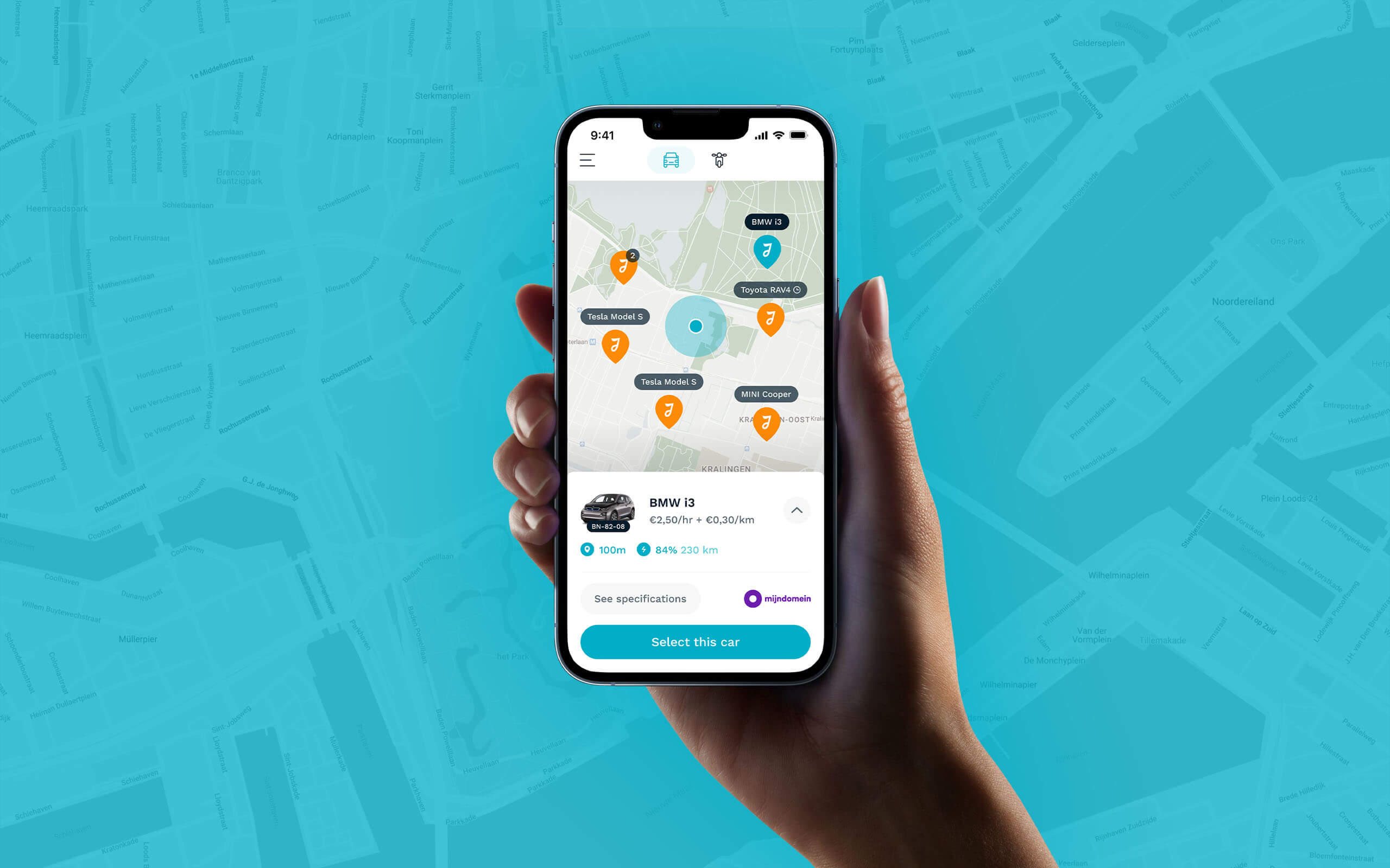 Overview screen of vehicles in the MobyOne app.