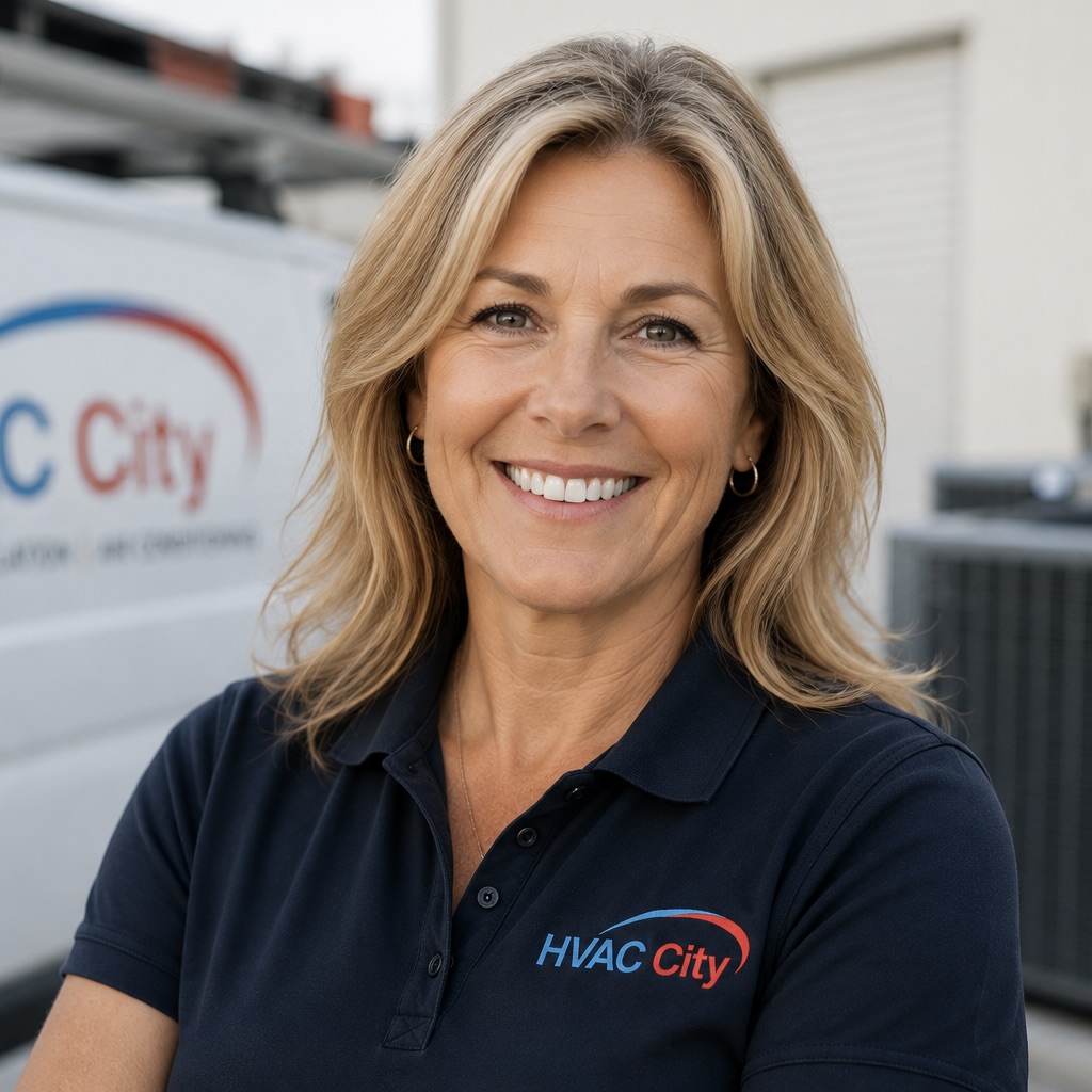 Woman with blonde hair smiling in navy polo shirt, HVAC distributor business owner