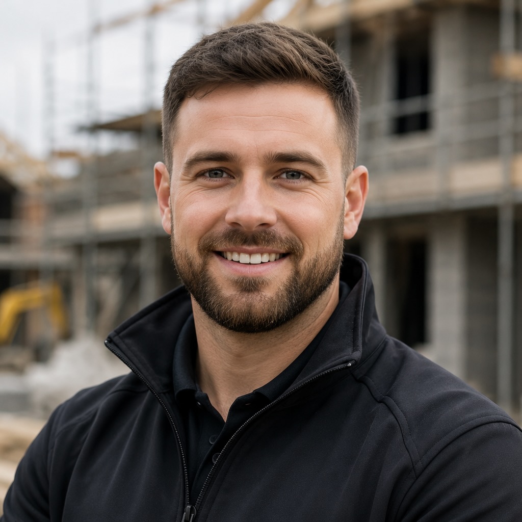 Man with beard smiling in dark jacket, construction business owner