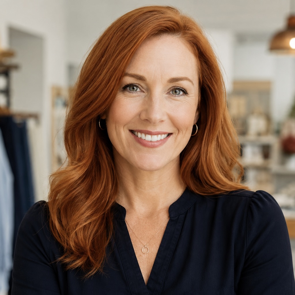 Woman with long red hair smiling, retail business owner