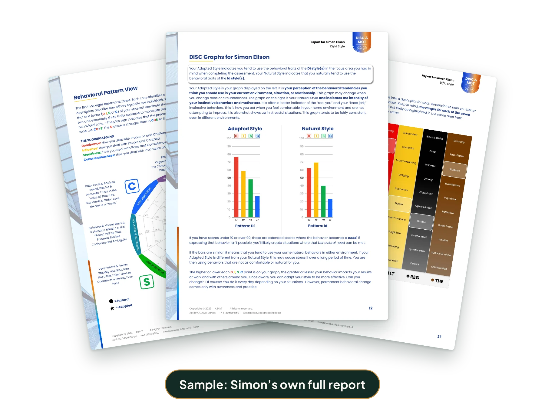 Three pages from Simon Ellson’s own DISC and Motivators report: DISC graphs, behavioural pattern view and motivator word matrix