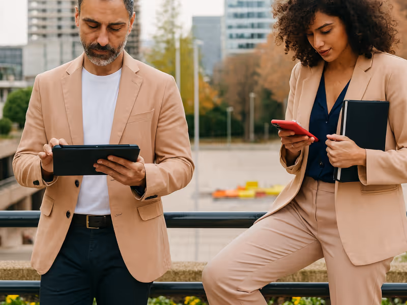 Image showing two people using mobile devices running Bento MDM software on the go