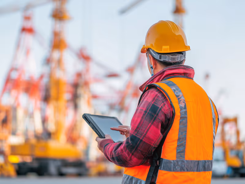 Image showing a construction worker on a construction site, using a tablet running Bento MDM software