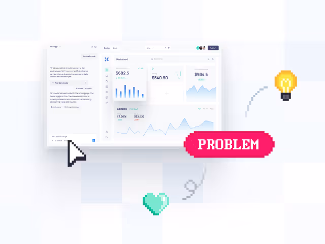 Ilustracja pokazująca przejście od prototypu do rozwiązania rzeczywistego problemu. Po lewej stronie widoczny jest mockup dashboardu z wykresami i metrykami, na który wskazuje kursor myszy. W centrum znajduje się różowa etykieta z napisem 'PROBLEM' oraz żółta ikona żarówki i miętowe serce połączone linią przerywną, symbolizujące proces transformacji pomysłu w rozwiązanie konkretnego problemu biznesowego