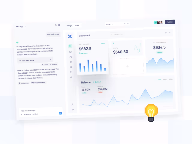 Mockup dashboardu analitycznego z wykresami, metrykami finansowymi i elementami UI. Widoczne są niebieskie wykresy słupkowe, liczby pokazujące różne kwoty w dolarach, wykresy trendów oraz czysta, nowoczesna nawigacja - przykład działającego prototypu aplikacji biznesowej.