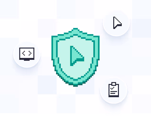 Pikselowa tarcza w kolorze miętowym ze strzałką, otoczona trzema ikonami: kursorem myszy, monitorem z kodem i dokumentem. Grafika w stylu pixel art symbolizuje zabezpieczenie kariery poprzez umiejętności technologiczne i AI