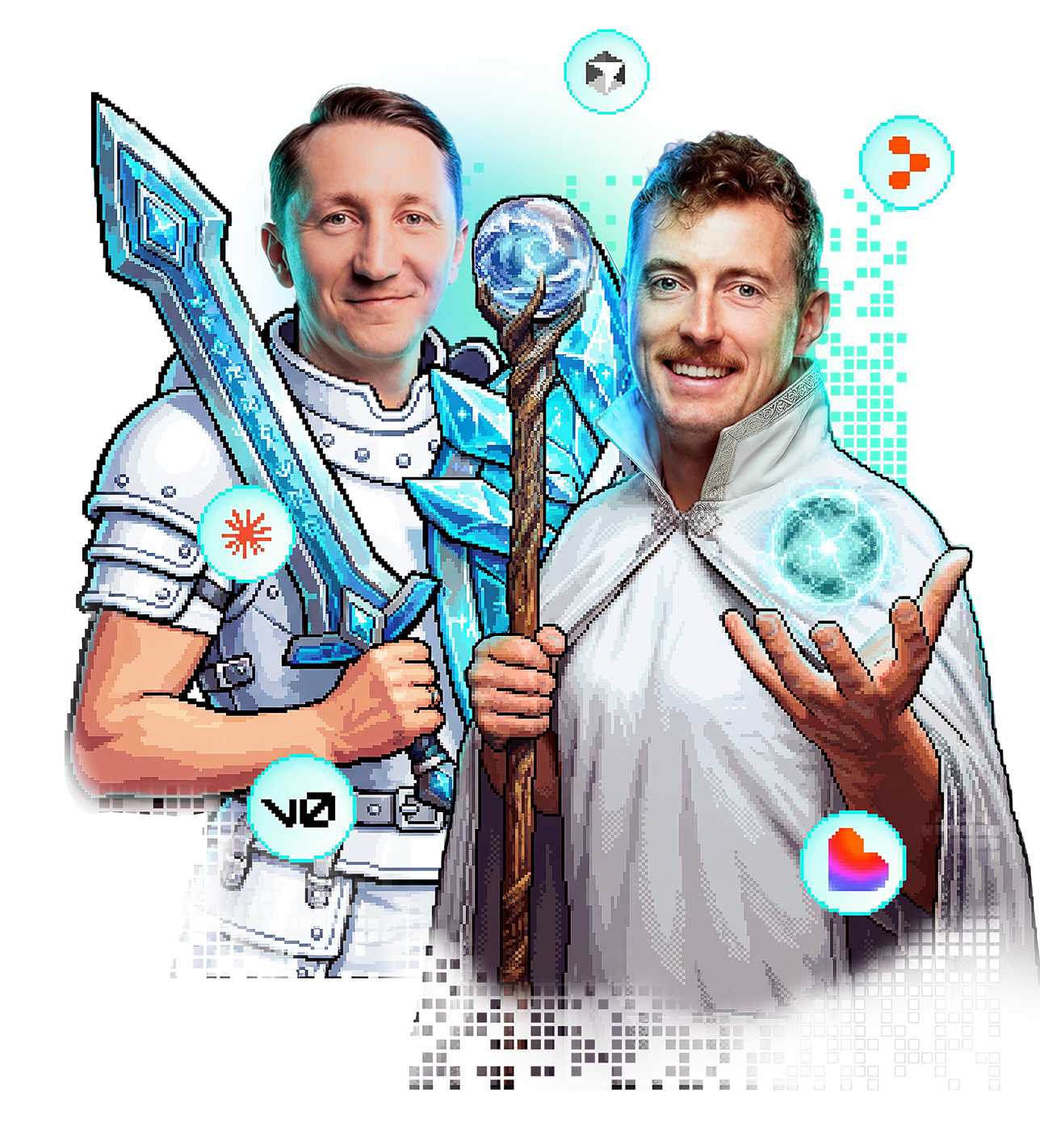 Piotrek i Wojtek, prowadzący kurs stoją uśmiechnięci przed prototypem aplikacji. Wokół nich lewituje pixel-artowe serce i zapalona żarówka.