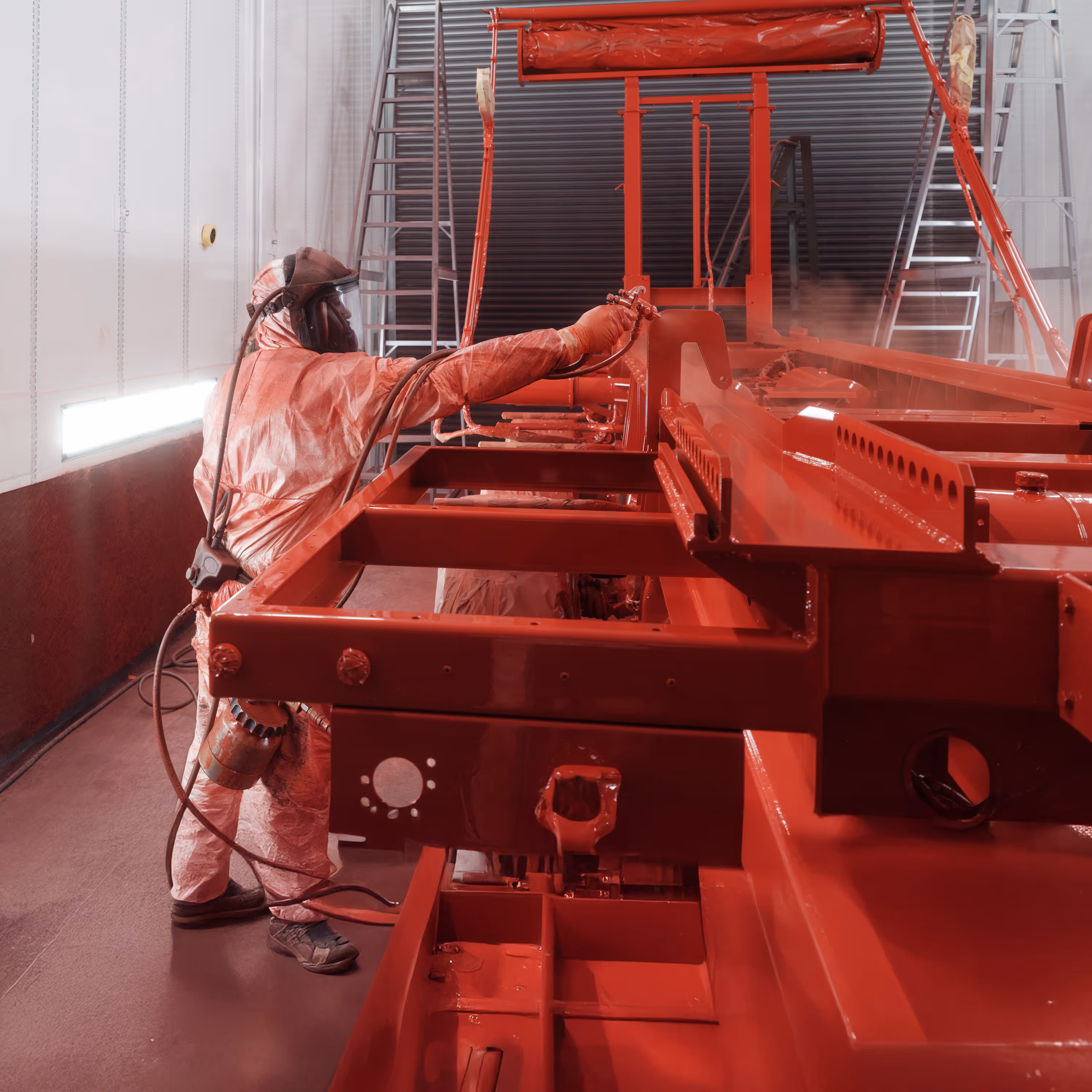 WCC staff member spraying a truck chassis red in the workshop.