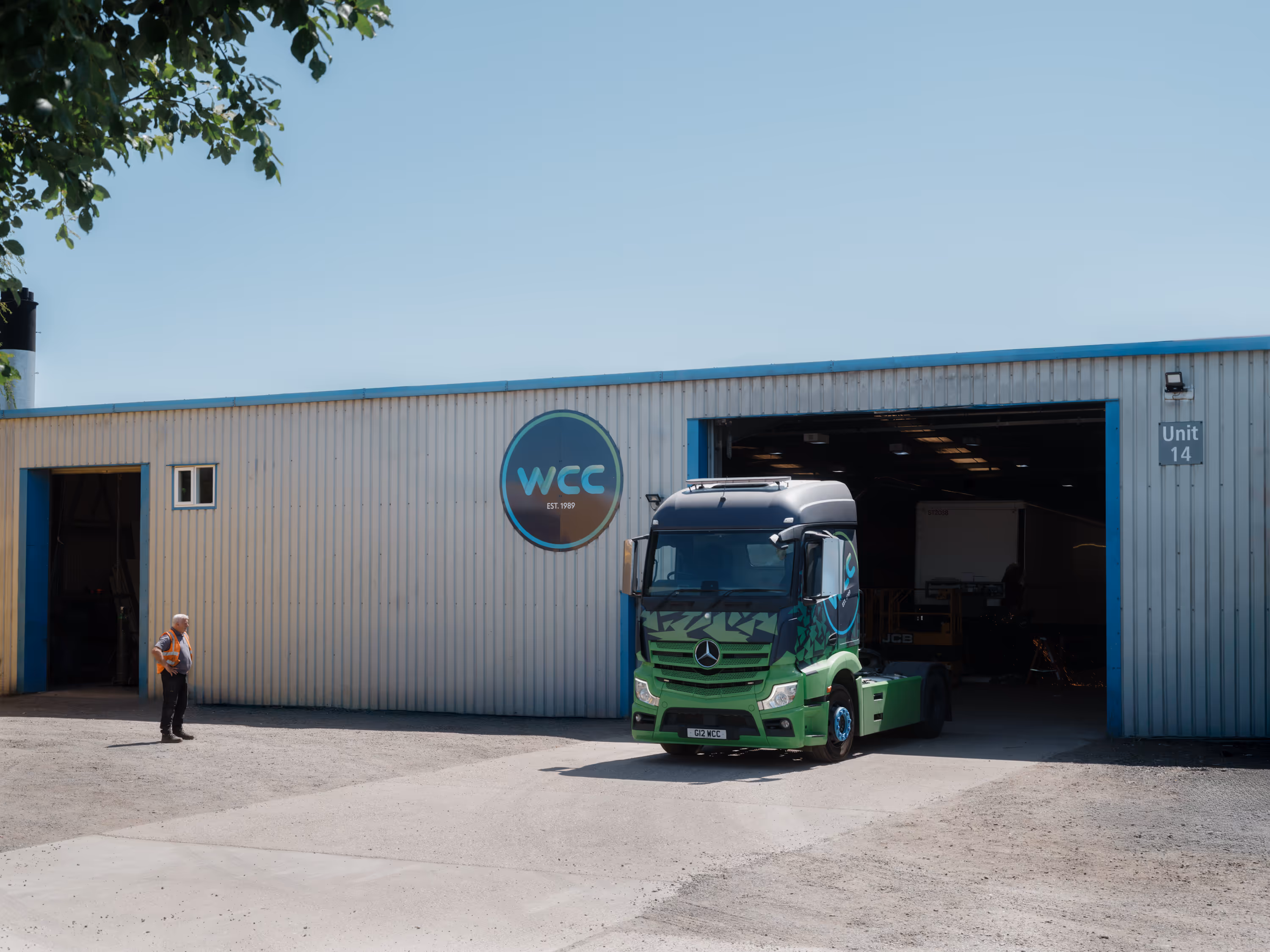 The WCC Mercedes Truck outside the workshop.