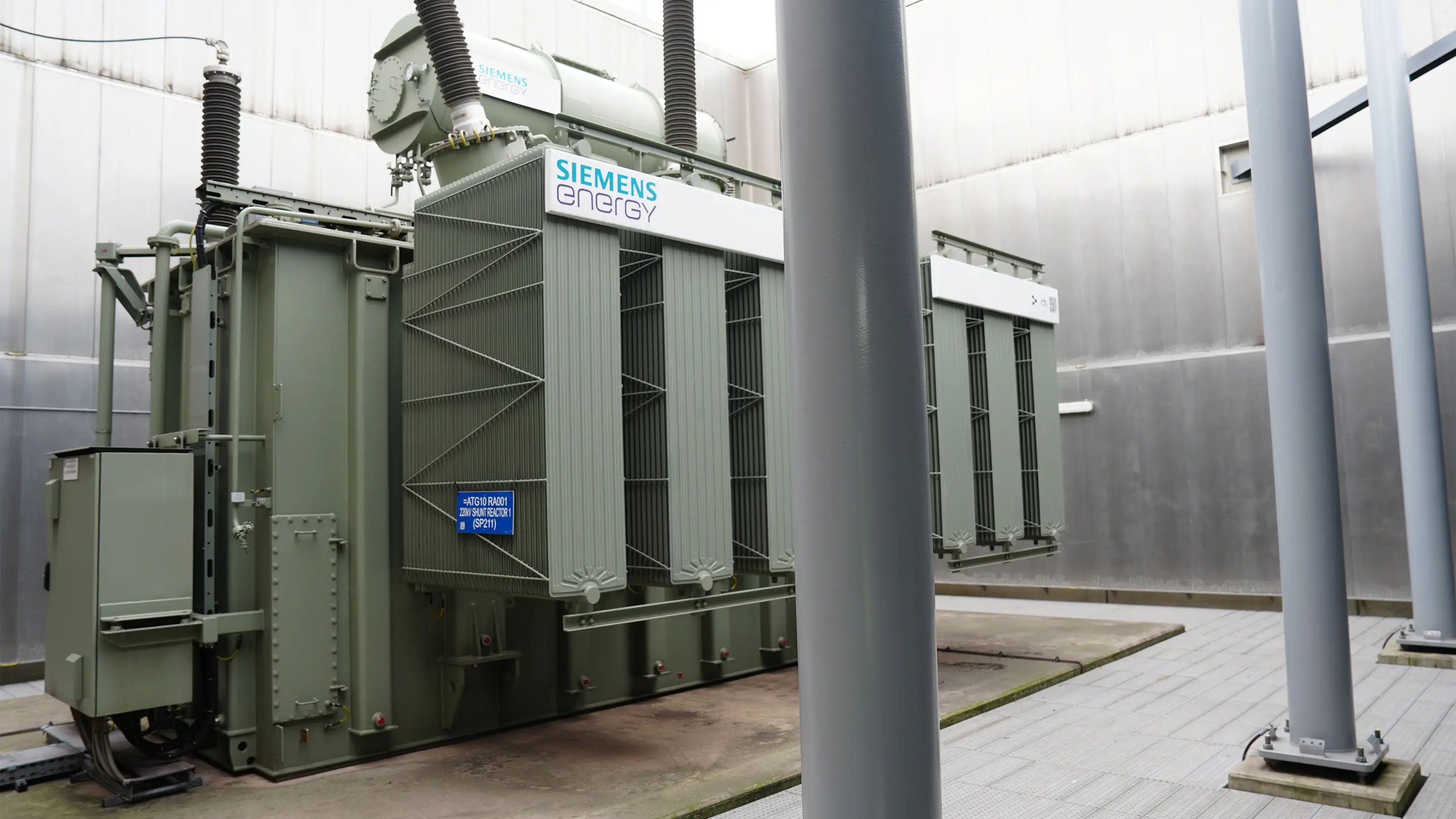 Close-up view of shunt reactor inside of the noise control enclosure.