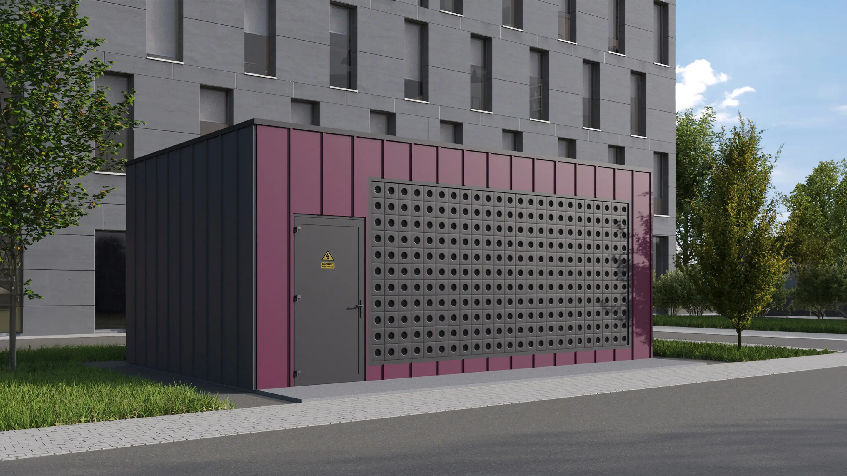 Een transformatorbehuizing uitgerust met Merford’s NoiseTrap® Blox om laagfrequent geluid in een stedelijke omgeving te verminderen.