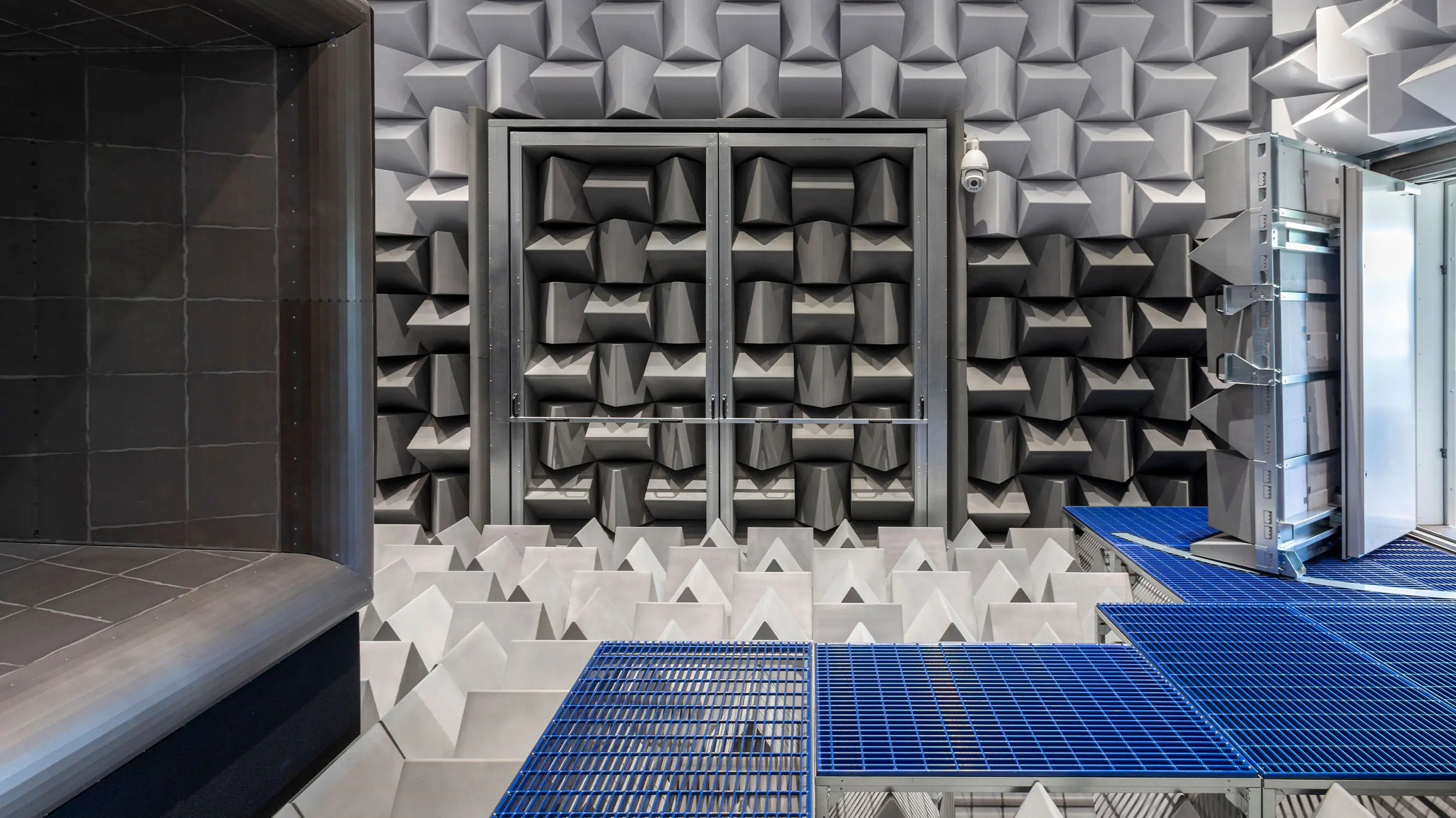 Anechoic chamber at the Netherlands Aerospace Centre (NLR) designed by Merford for precision sound measurements and acoustic research.