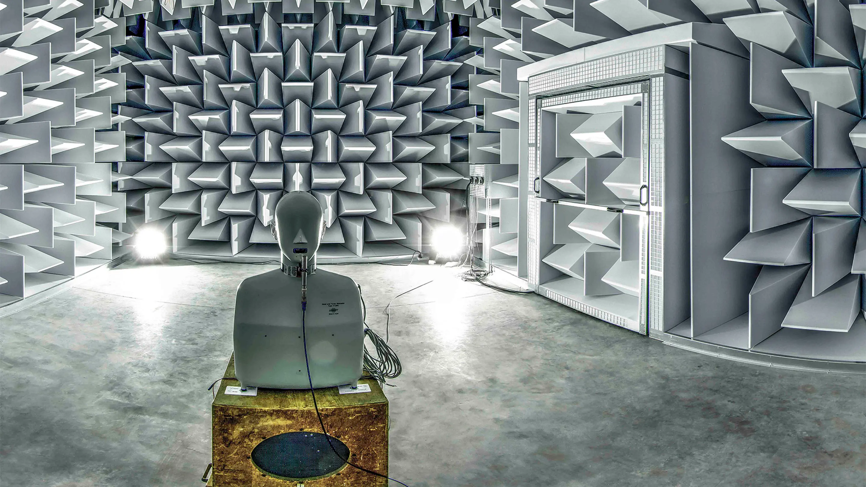 Anechoic test room at Ghent University built by Merford for advanced acoustic research and sound measurement experiments.