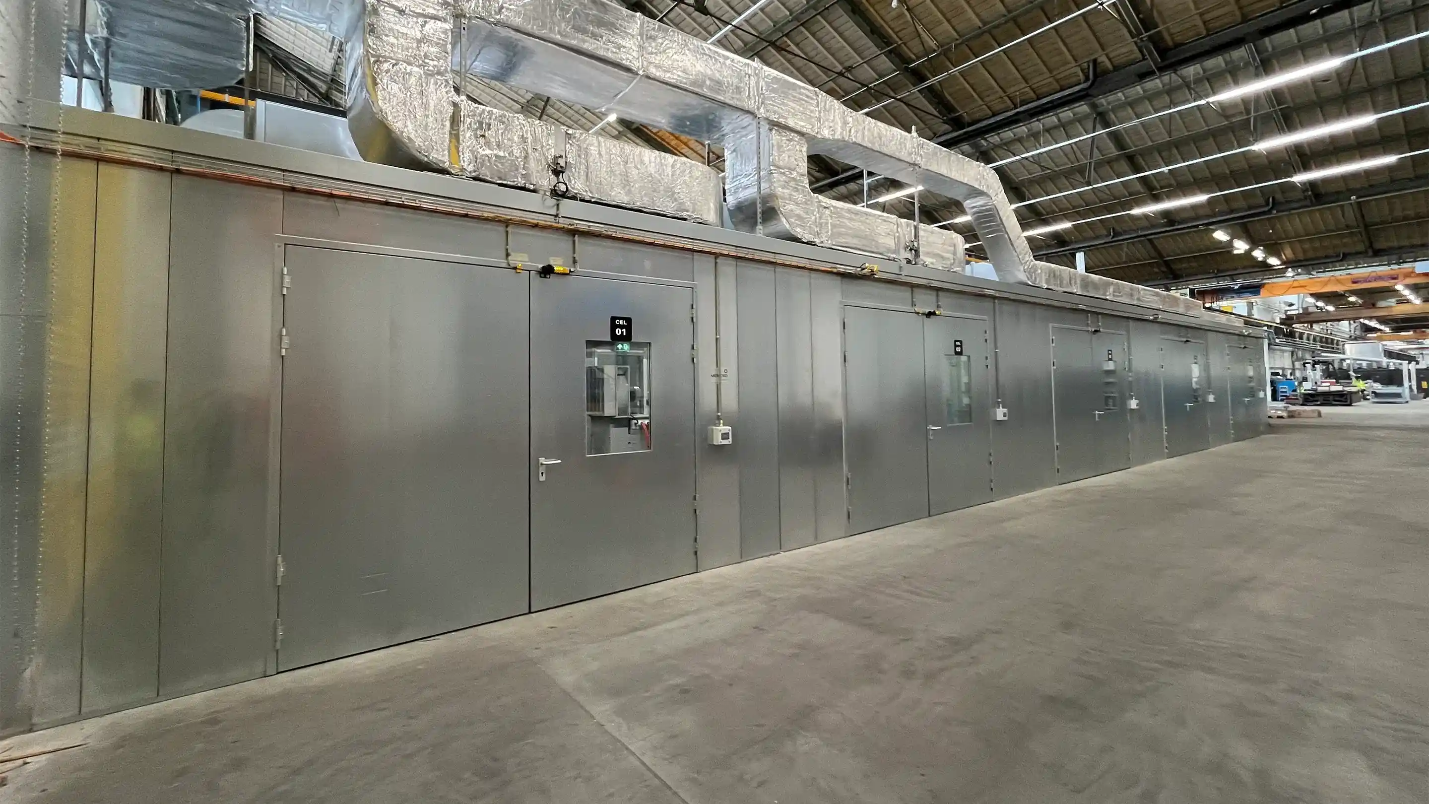 Acoustic test cells for train components installed at NMBS facility in Mechelen.