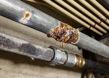  A close-up shot of a corroded metal pipe shows a significant orange-brown rust buildup, indicating a leak or severe deterioration. Below it, another pipe is connected by a silver coupling. In the blurred background, parallel lines of electrical conduits o