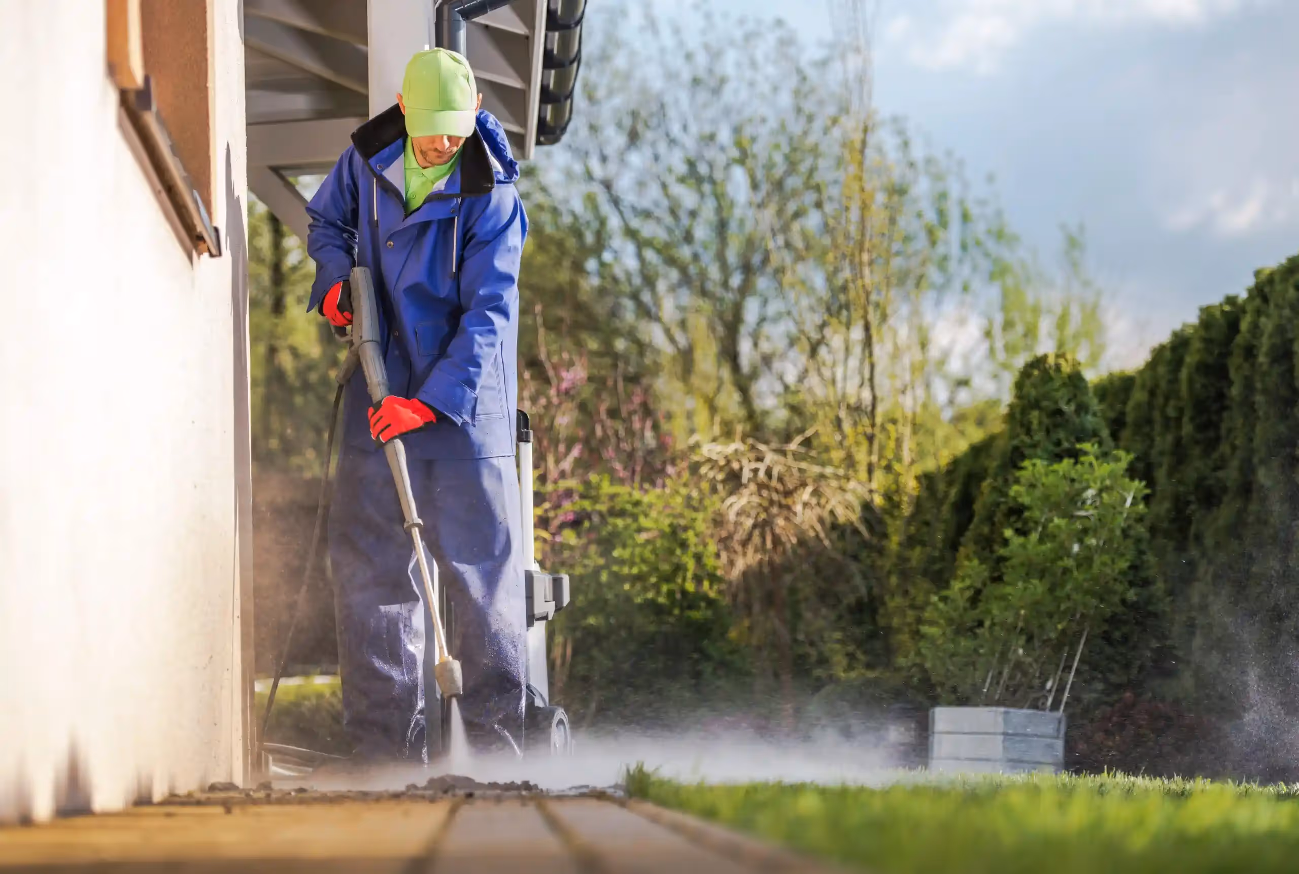  A person wearing a blue waterproof suit, red gloves, and a bright green cap is operating a pressure washer on a light-colored patio next to a house.