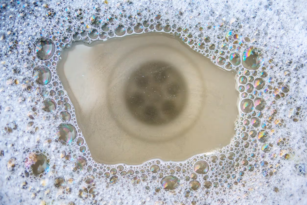 A close shot of clogged drain with soapy water