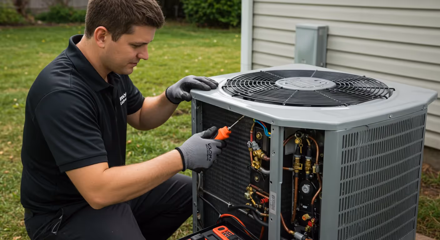 A man in a black polo shirt and grey gloves uses a screwdriver to work on the internal wiring of an outdoor AC unit.
