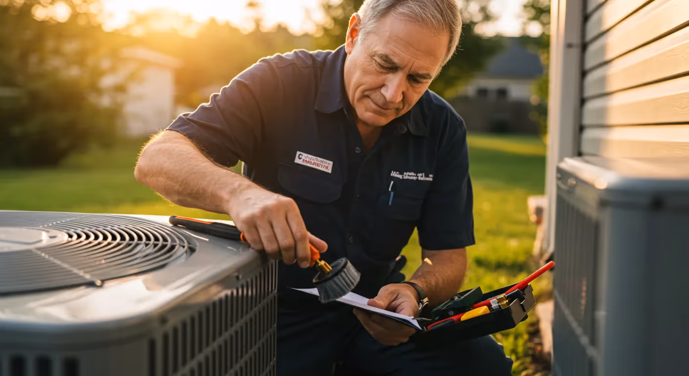 A man in a dark blue polo shirt is performing maintenance on an outdoor AC unit, using a brush and examining a checklist.