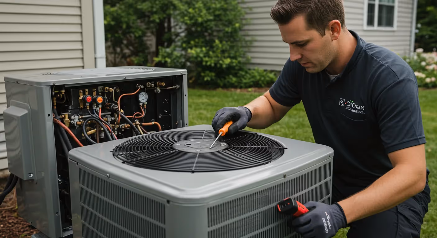 A man in a black polo shirt and work gloves uses a screwdriver on the top of an outdoor AC unit while inspecting components.