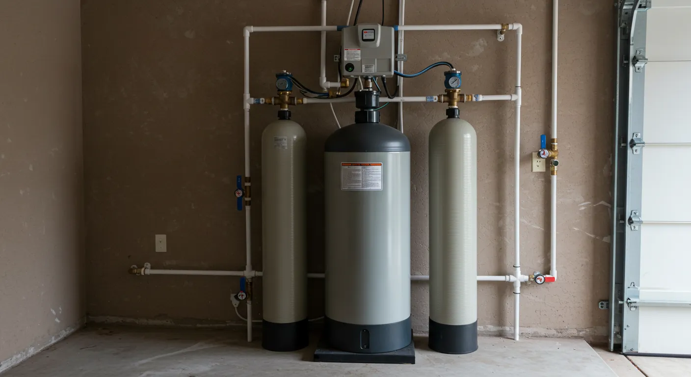 A water softening system with three large tanks and a network of white PVC pipes is installed against a beige wall, next to a garage door.