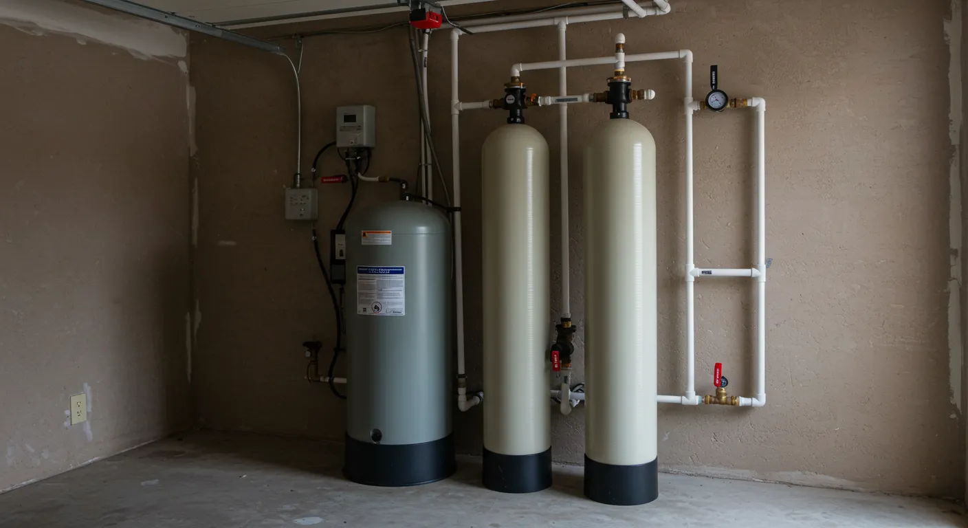 A residential water softening and filtration system with three large tanks and white piping is installed in a corner against a beige wall.