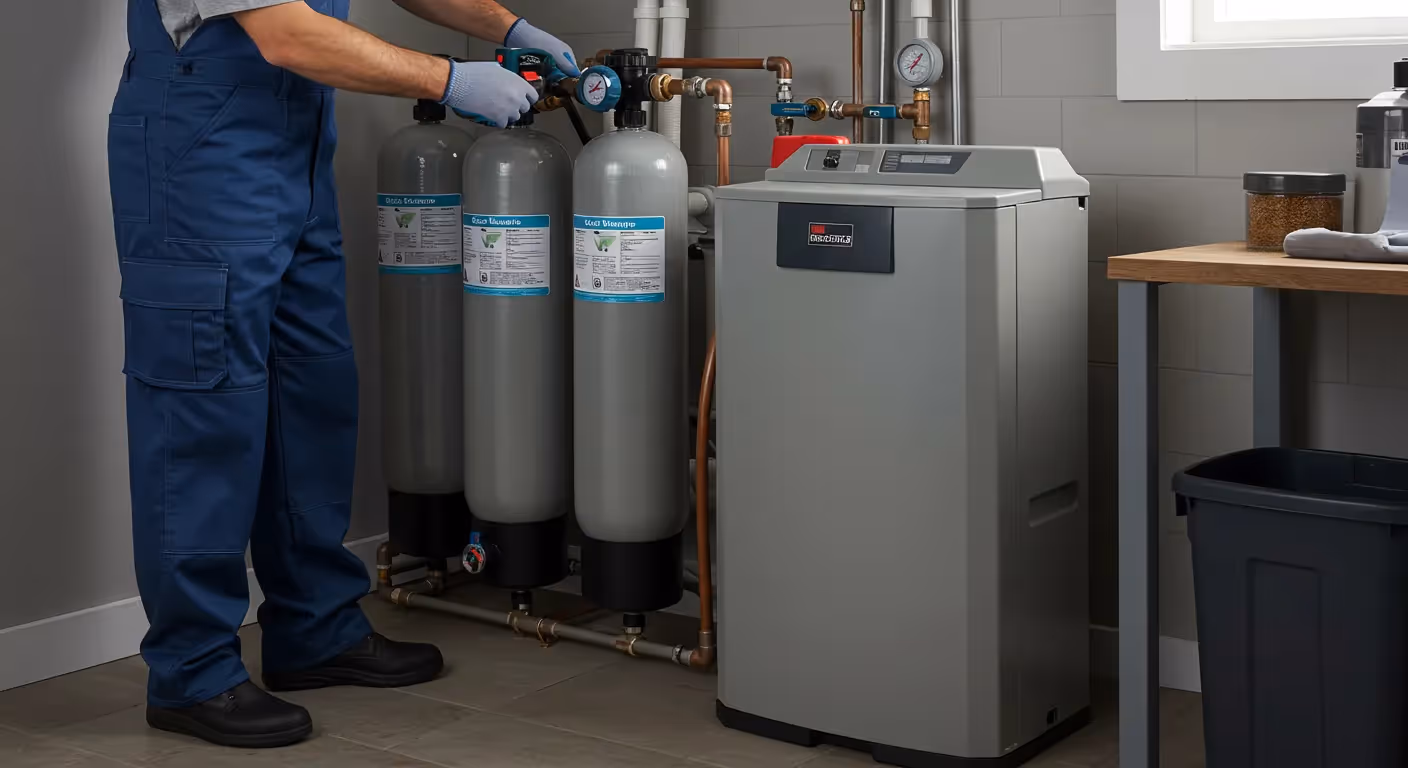  A plumber in blue overalls and gloves is adjusting a water softener system with three large tanks connected by copper pipes.