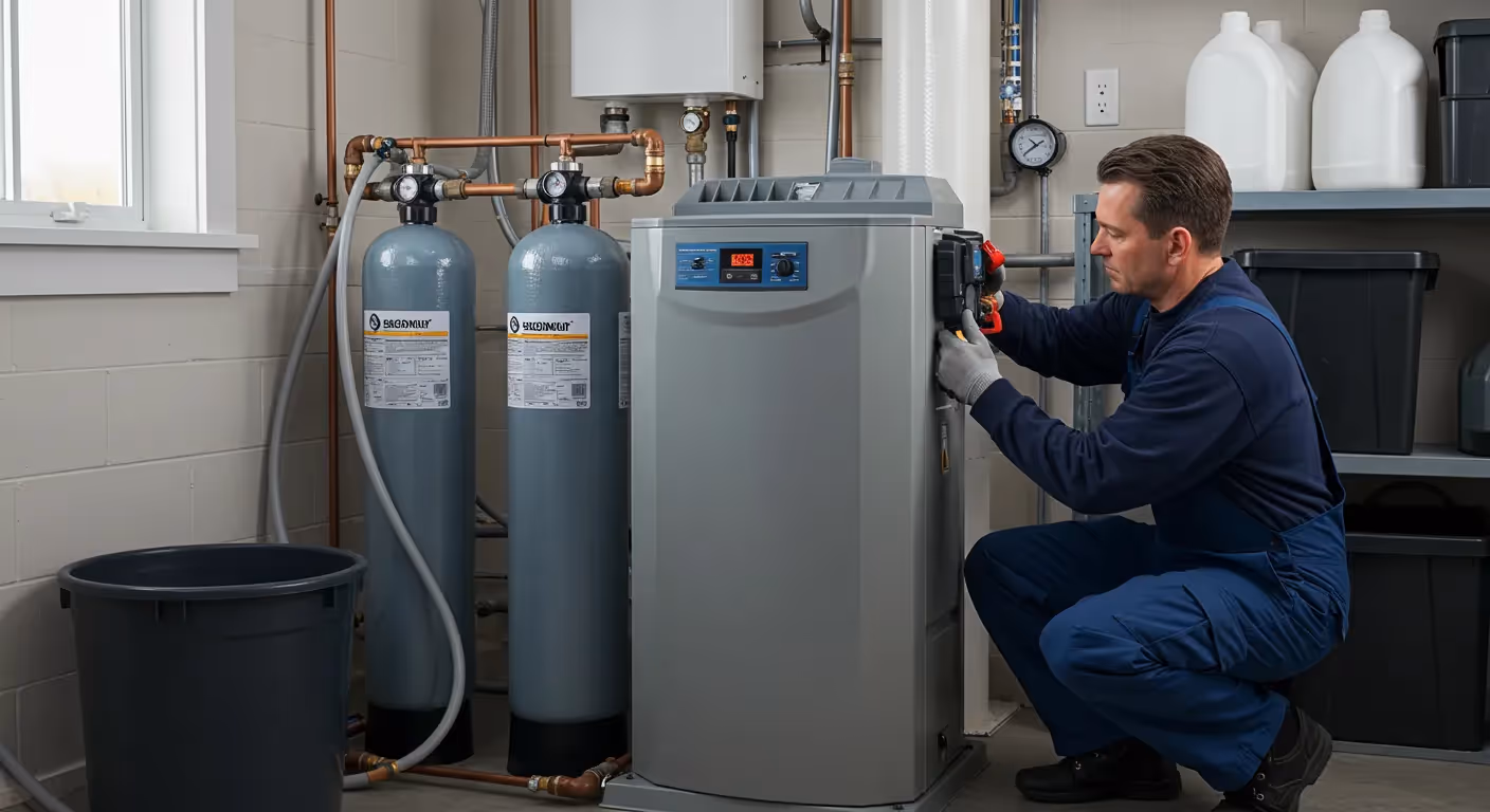Technician performing maintenance on a modern water softener system in a basement.