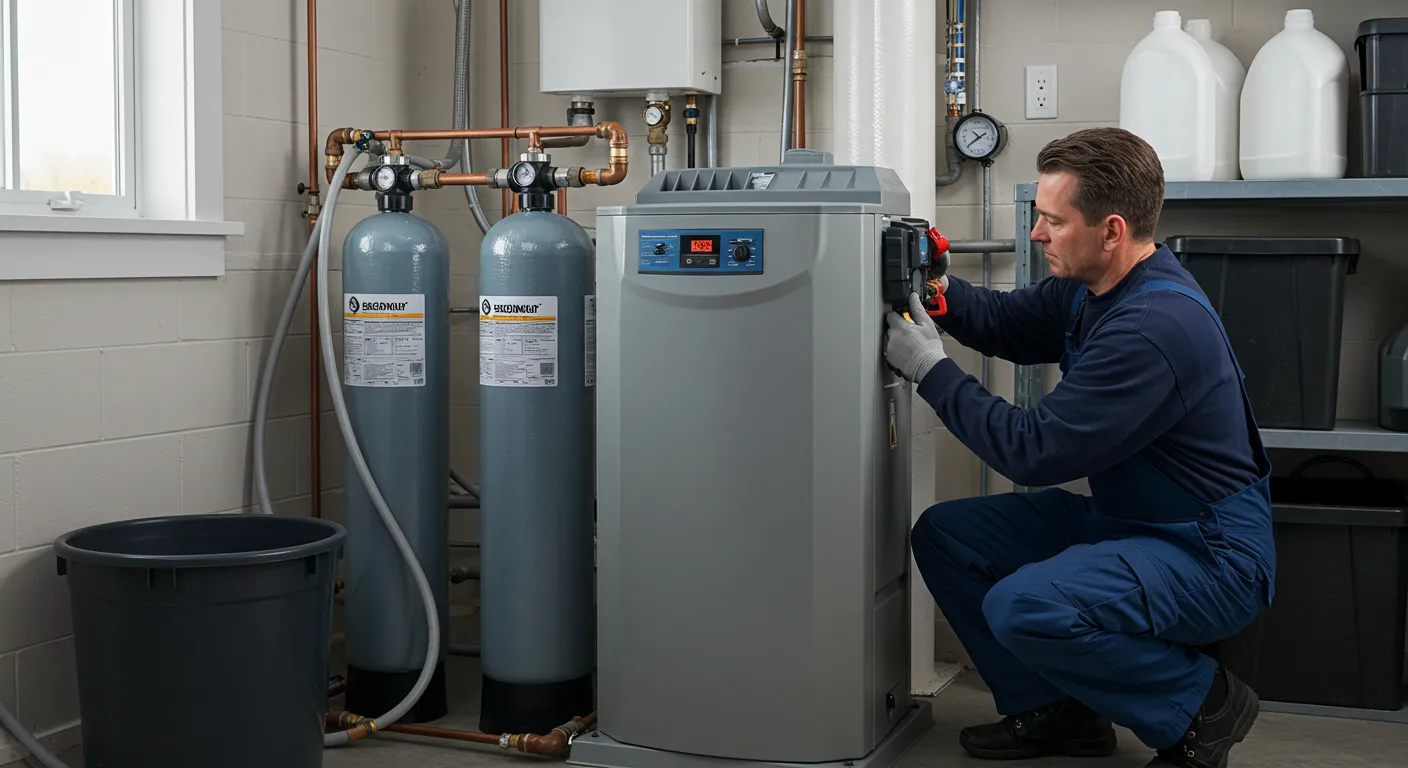 A male technician in blue overalls and gloves is kneeling and adjusting a water treatment system, which includes a large gray unit and two tall cylindrical tanks, with copper piping visible.