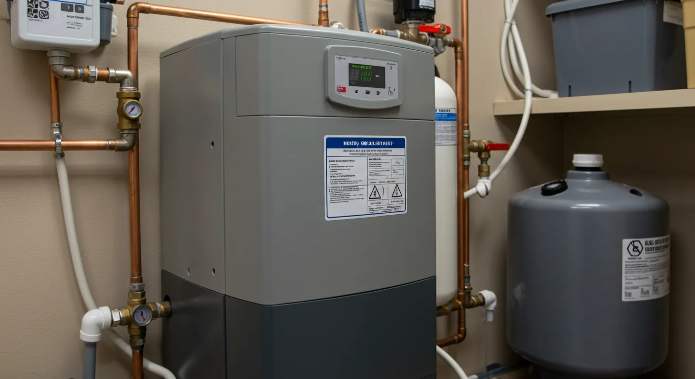 A modern gray water heater or softening unit with a digital display, connected by copper and white pipes, in a utility room.