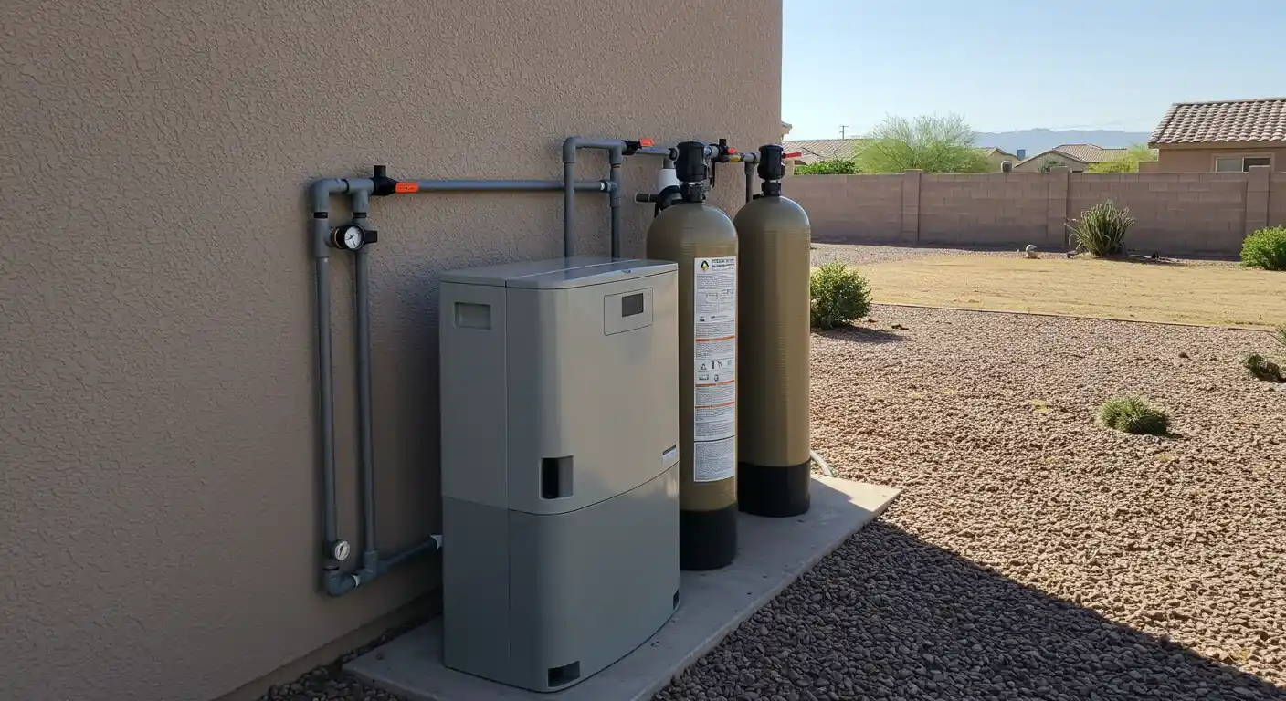 An outdoor view of a residential water treatment system, featuring a large gray unit and two tall tanks connected by grey pipes, set on a concrete slab against a stucco house in a dry, landscaped yard.