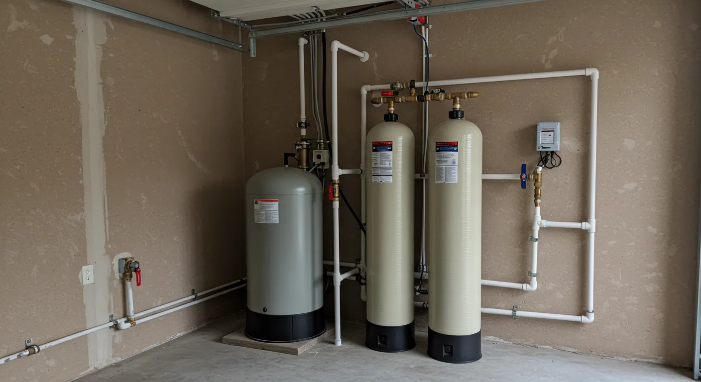 A residential water softening and filtration system with three large tanks and white piping is installed in a corner against a beige wall.