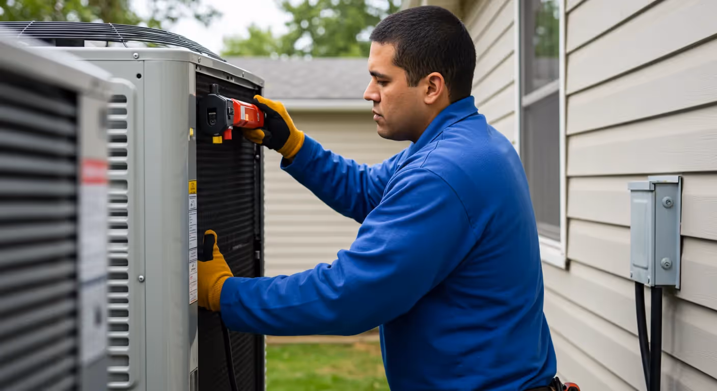 A man in a blue long-sleeved shirt and yellow gloves uses a tool on the side panel of an outdoor AC unit.