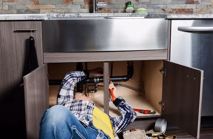A man in a plaid shirt and jeans lying on his back under a kitchen sink, using a wrench to work on black pipes