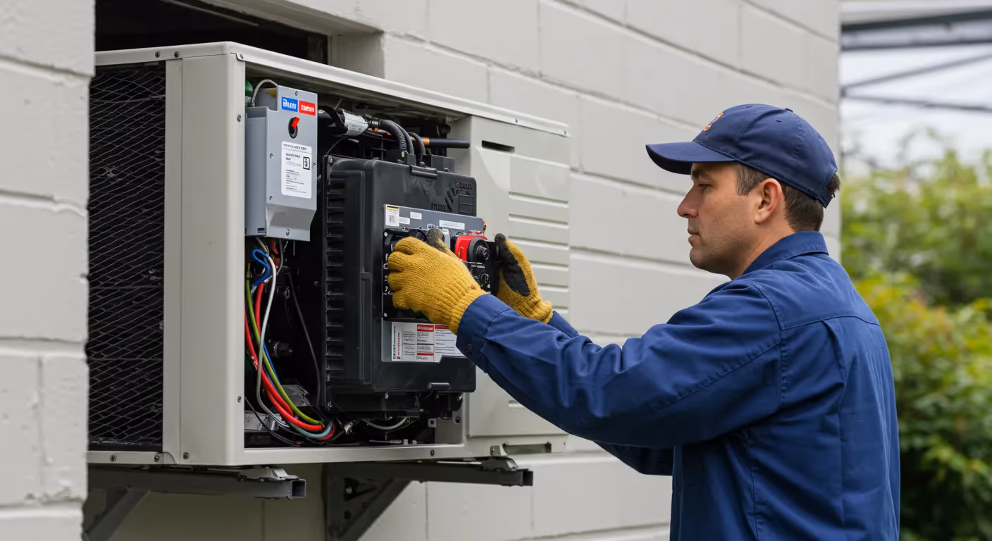 A man in a blue uniform and yellow gloves is working on the side of a wall-mounted AC unit outdoors.