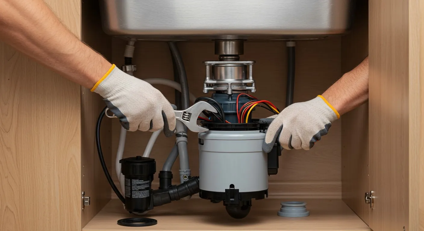 Gloved hands of a plumber using a wrench to install or repair a garbage disposal unit under a kitchen sink, with wiring visible.