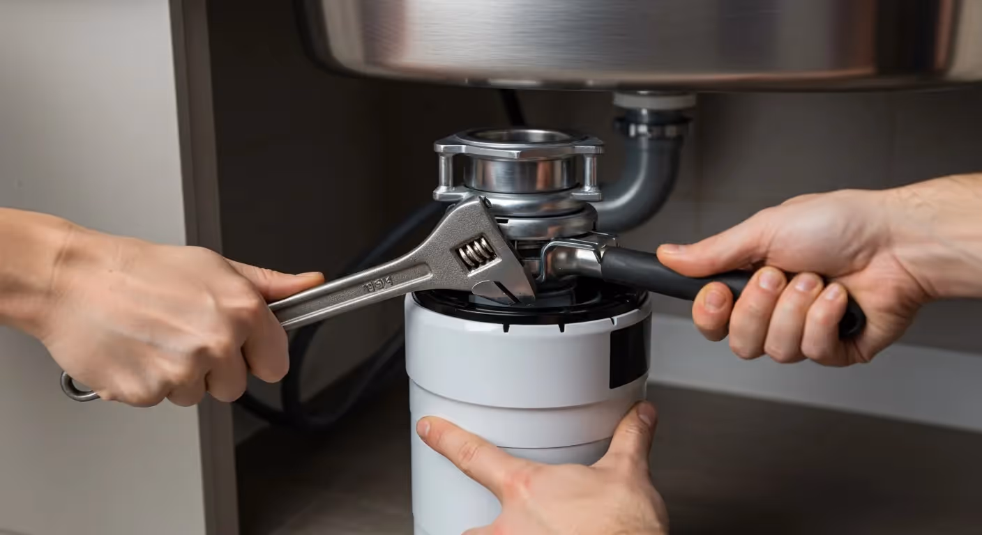 Two pairs of hands using a wrench and another tool to install or tighten a white garbage disposal unit connected to a kitchen sink drain.