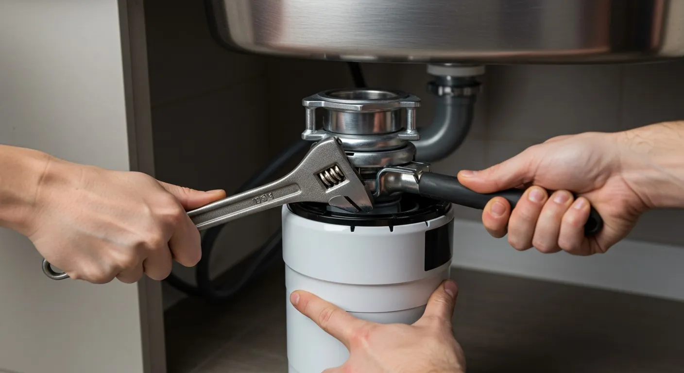Two pairs of hands using a wrench and another tool to install or tighten a white garbage disposal unit connected to a kitchen sink drain.