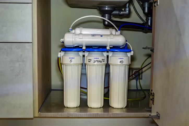 An under-sink multi-stage reverse osmosis water filter system with three white vertical filters and two horizontal pre-filters, installed in a kitchen cabinet.