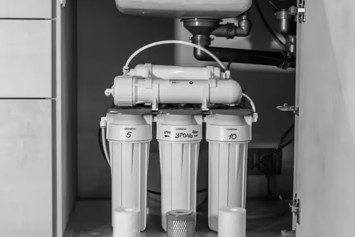 A monochrome image of an under-sink reverse osmosis water filter system with three vertical filters and horizontal pre-filters.
