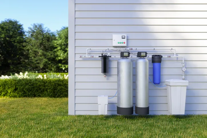 A complete outdoor whole-house water treatment system with multiple tanks and filters, installed against the light-colored siding of a house with a green lawn.