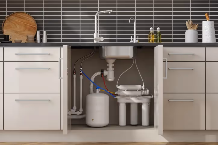 An under-sink reverse osmosis water filter system featuring a white storage tank and multiple filter housings, neatly installed within a modern kitchen cabinet.