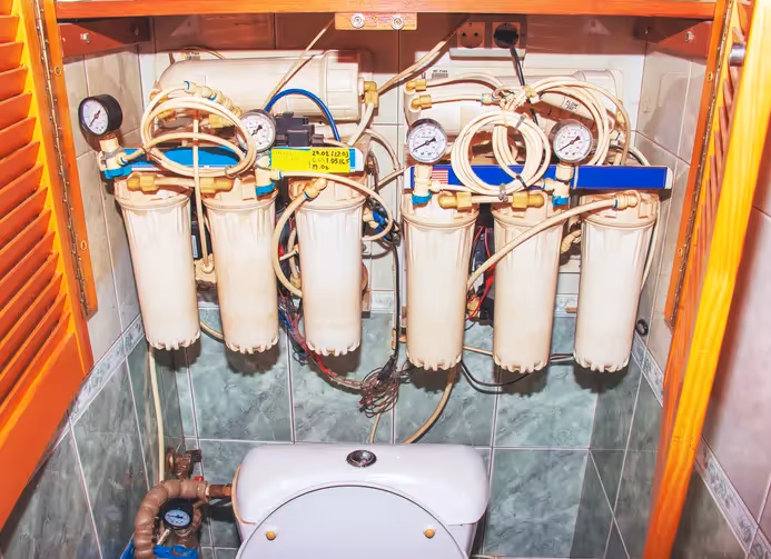 A multi-stage water filtration system with six vertical filters and prominent pressure gauges, mounted on a tiled wall above a toilet in a utility space.