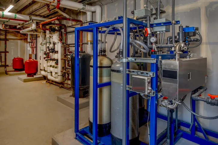 An industrial water treatment system featuring several large filter tanks, extensive piping, and a control unit, set in a clean utility room.