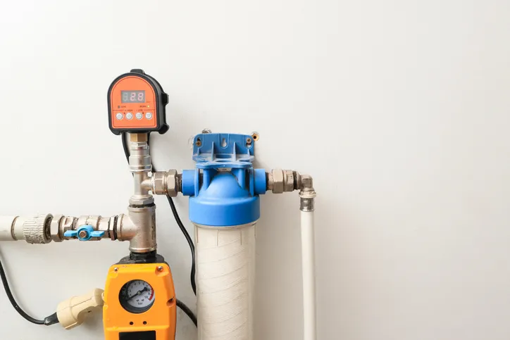 A close-up of a wall-mounted water filtration system, featuring a blue filter housing, various pipes, gauges, and an orange digital control panel, against a plain white wall.