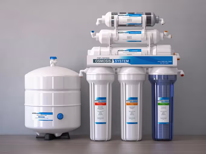 A modern reverse osmosis water filtration system with a white storage tank and multiple filter cartridges, including one blue housing, clearly labeled "REVERSE OSMOSIS SYSTEM" against a gray background.