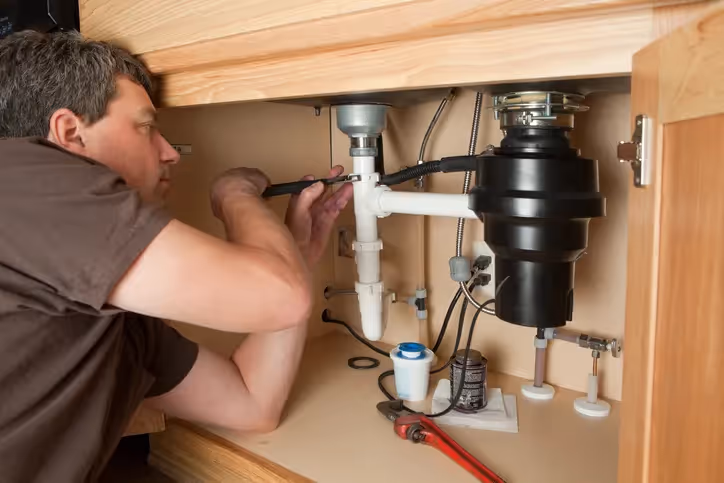 A male plumber is using a wrench to fix a white pipe under a wooden sink.